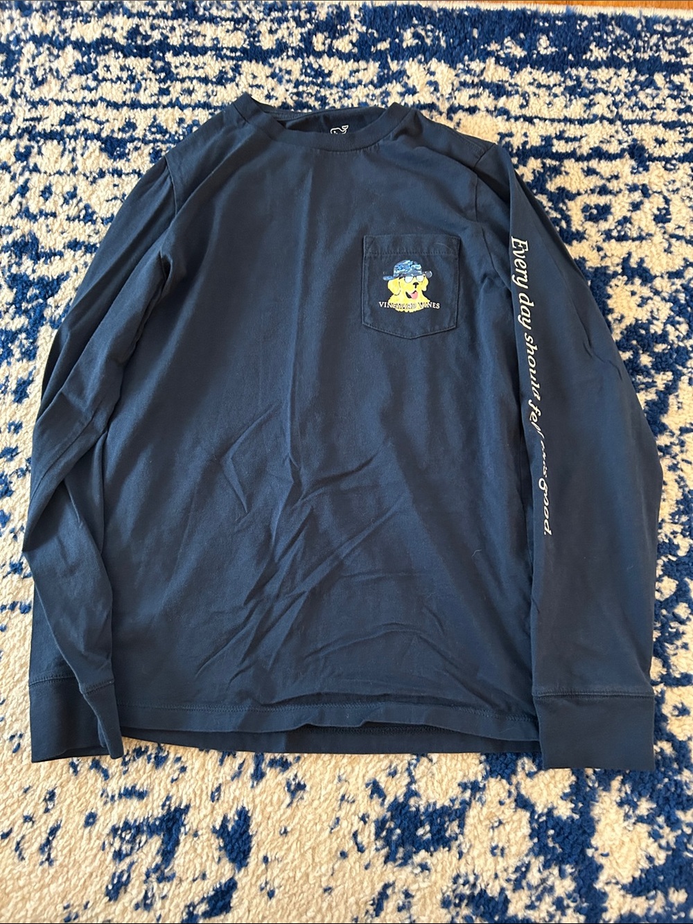 Vineyard Vines Navy Long Sleeve Tee with Yellow Pocket Graphic
